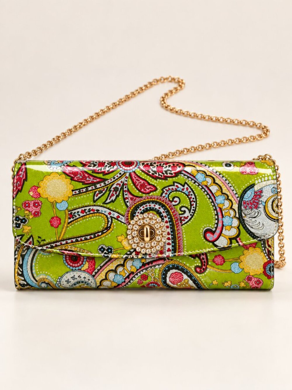 Herbosa Green Paisley Clutch Crossbody Bag Gold Chain NWT
